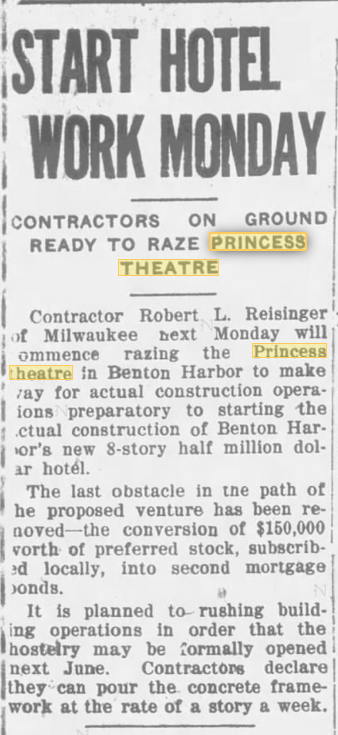 Sept 1923 razed Princess Theatre, Benton Harbor